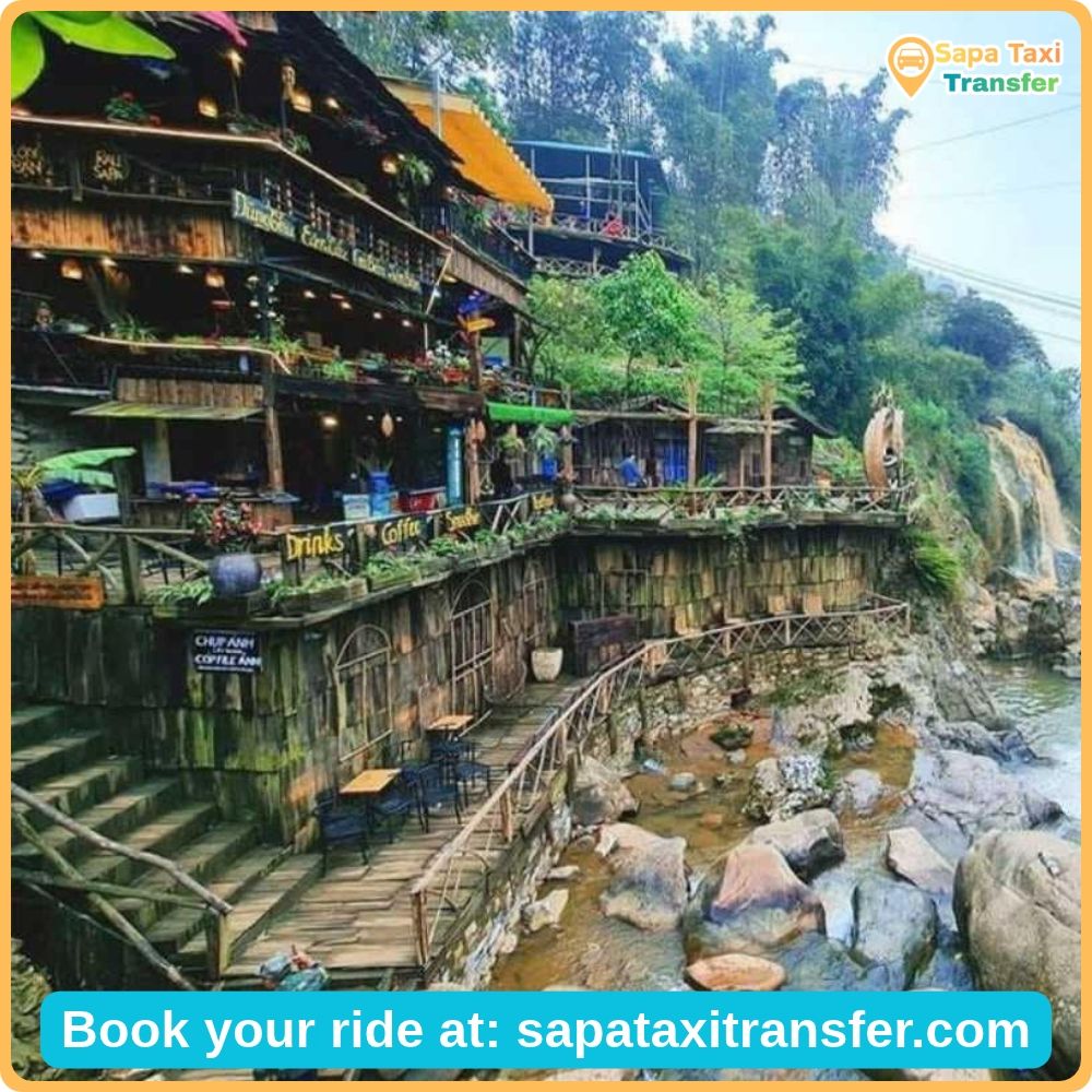 Traditional houses and mountain scenery in Cat Cat Village Sapa