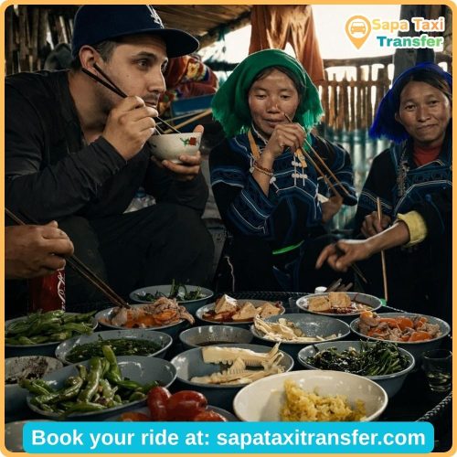 2-Day Bac Ha Private Car Tour from Sapa: Villages, Homestay & Sunday Market 33 khách du lịch thưởng thức bữa ăn tại nhà dân Hmong